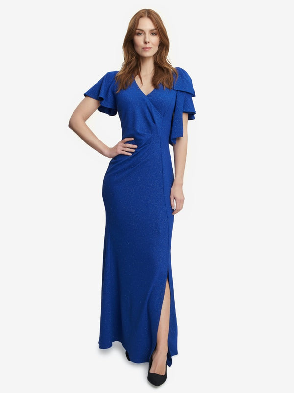 gina bacconi Deidre metallic maxi dress with v-neck and bow at sleeve