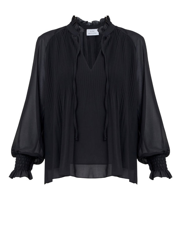 Gina Bacconi Delphine Pleat Frill Neck Blouse BLACK