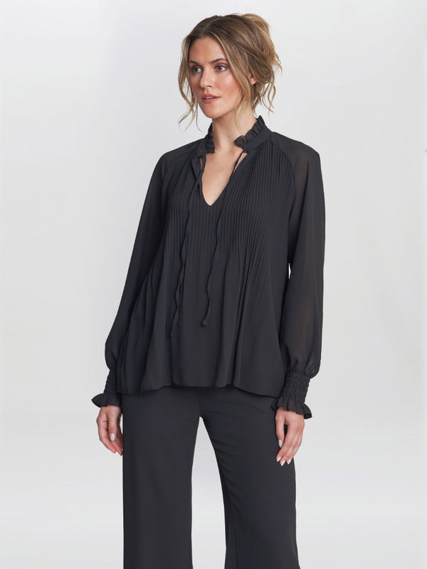 gina bacconi Delphine pleat frill neck blouse BLACK