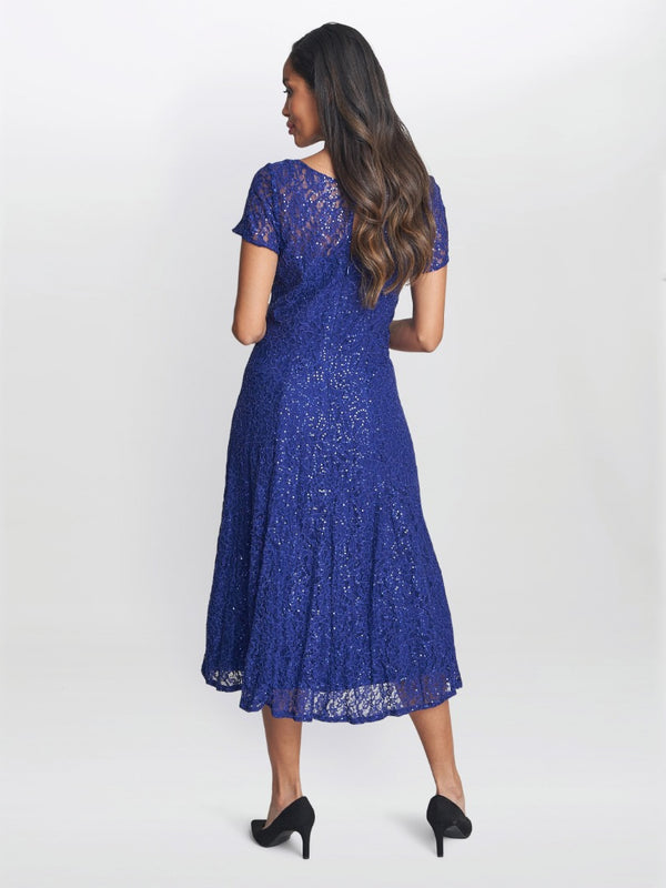 Gina Bacconi Demi Cap Sleeve Midi Length Sequin Lace Dress IRIS