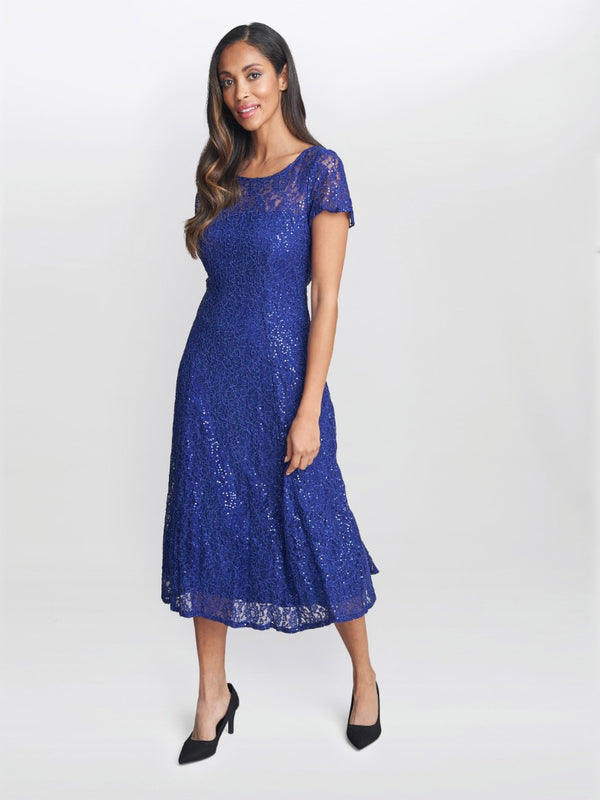 Gina Bacconi Demi Cap Sleeve Midi Length Sequin Lace Dress IRIS