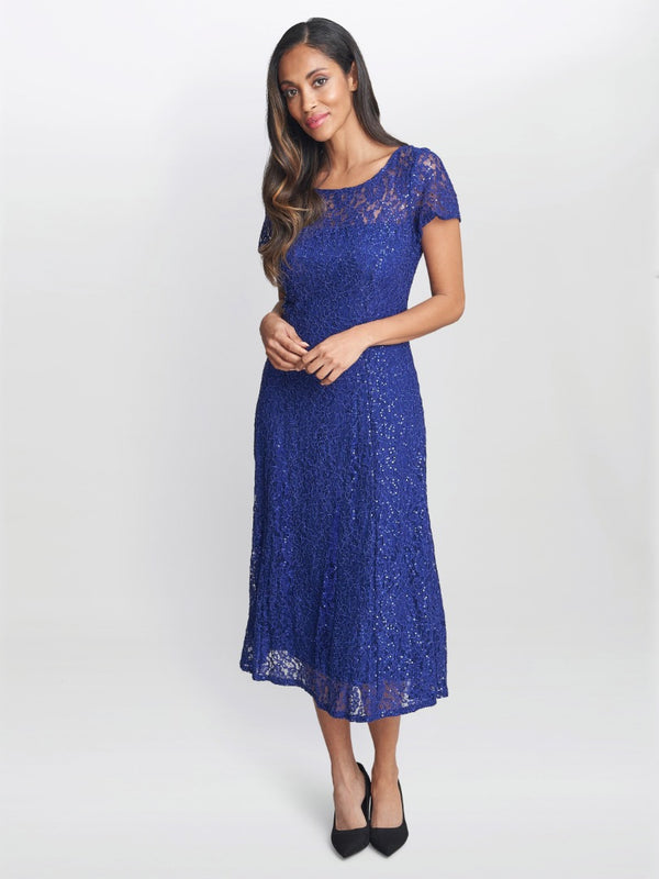 gina bacconi Demi cap sleeve midi length sequin lace dress IRIS
