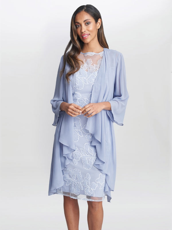 gina bacconi Elia embroidered dress and chiffon jacket