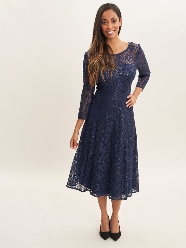 Gina Bacconi Elianna Midi-length Sequin Lace 3/4 Sleeve Cocktail Dress