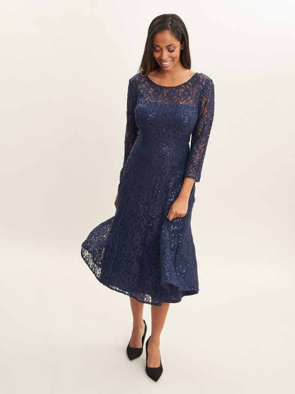 gina bacconi Elianna midi-length sequin lace 3/4 sleeve cocktail dress