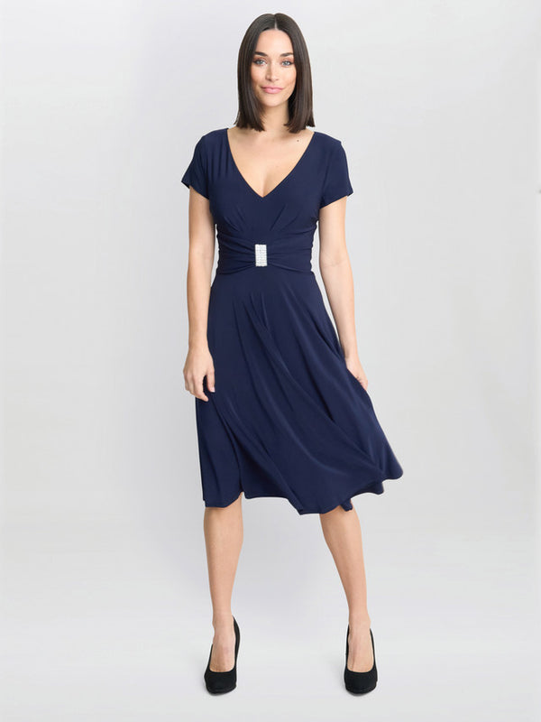 gina bacconi Elsa jersey cocktail dress with waist embellishment