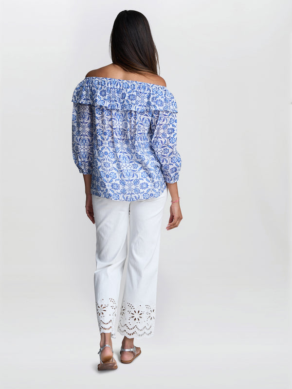 Gina Bacconi Emme Blue Floral Off The Shoulder Top With Frill