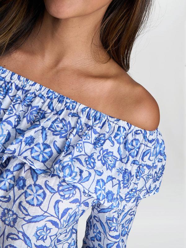 Gina Bacconi Emme Blue Floral Off The Shoulder Top With Frill