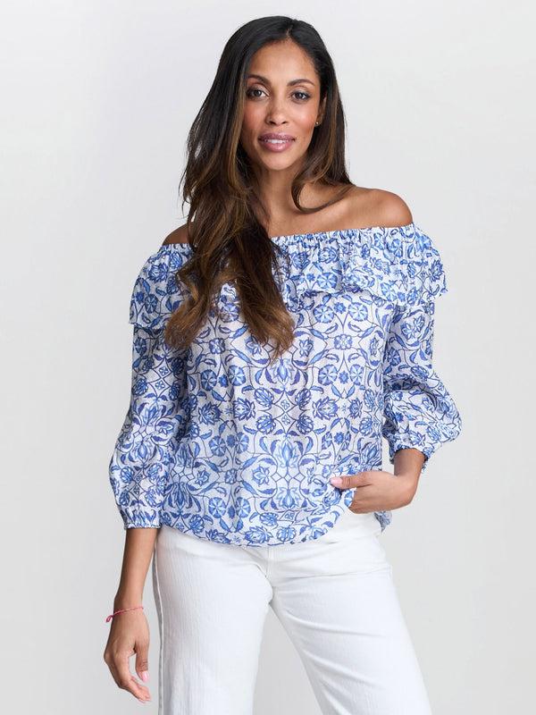 gina bacconi Emme blue floral off the shoulder top with frill
