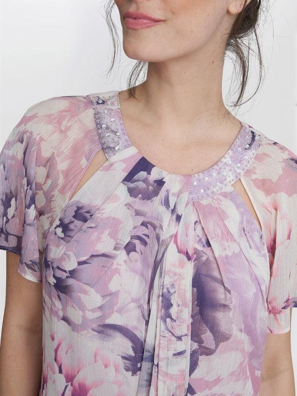 Gina Bacconi Erika Printed Dress With Embellished Cutout Neckline