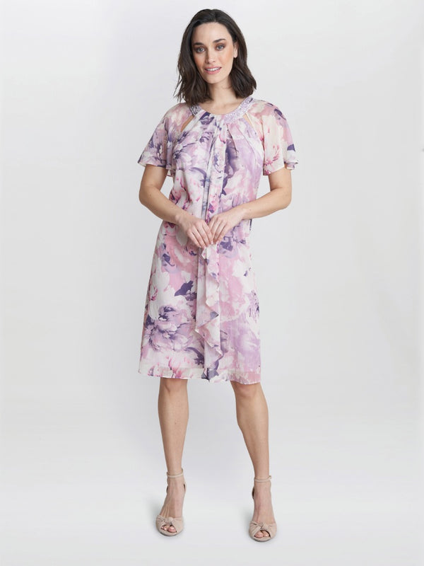 Gina Bacconi Erika Printed Dress With Embellished Cutout Neckline