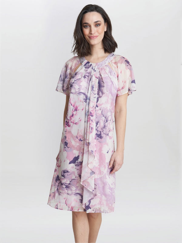 gina bacconi Erika printed dress with embellished cutout neckline