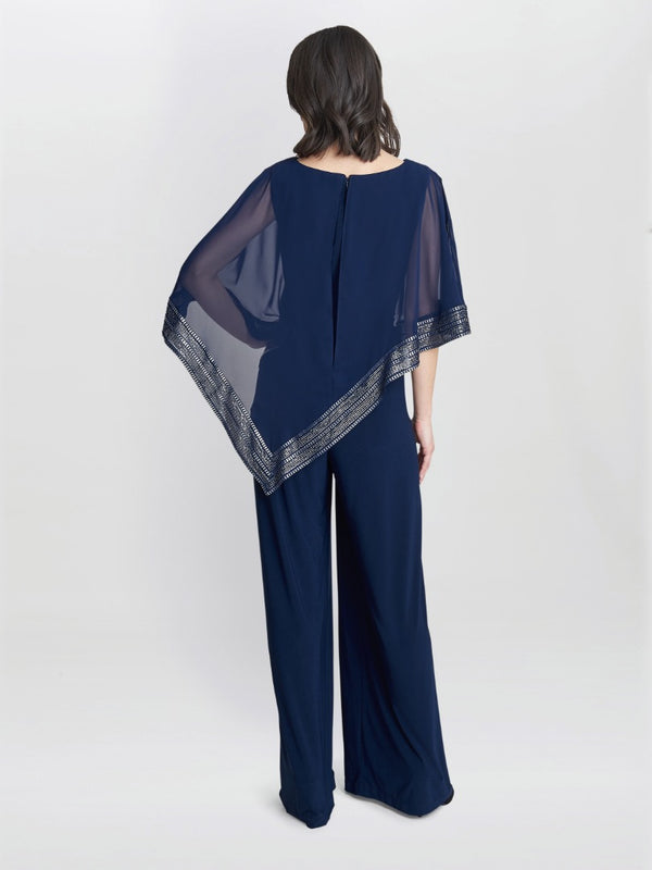 Gina Bacconi Eve Asymmetrical Cape Jumpsuit With Foil Trim