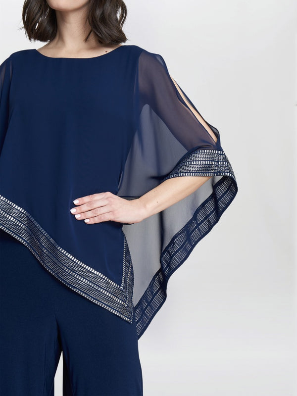 Gina Bacconi Eve Asymmetrical Cape Jumpsuit With Foil Trim