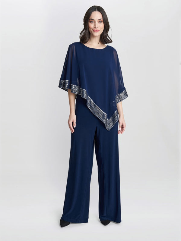 Gina Bacconi Eve Asymmetrical Cape Jumpsuit With Foil Trim