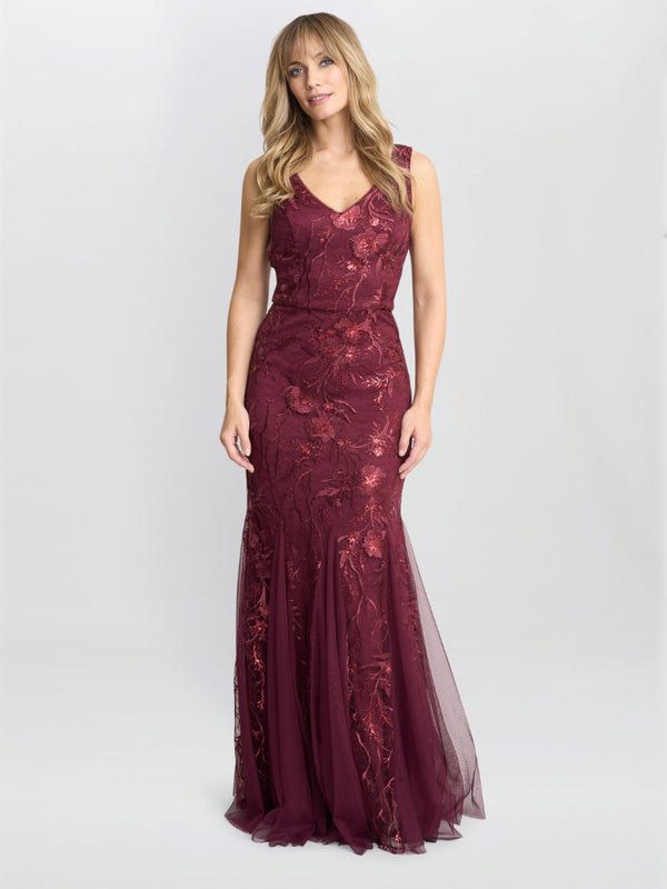gina bacconi Evie sleeveless maxi embroidered sequin gown