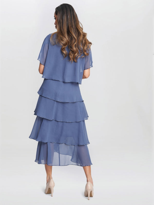 Gina Bacconi Fleur Midi V Neck Tier Dress With Bugle Beads