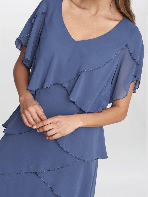 Gina Bacconi Fleur Midi V Neck Tier Dress With Bugle Beads