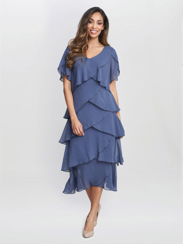 gina bacconi Fleur midi v neck tier dress with bugle beads