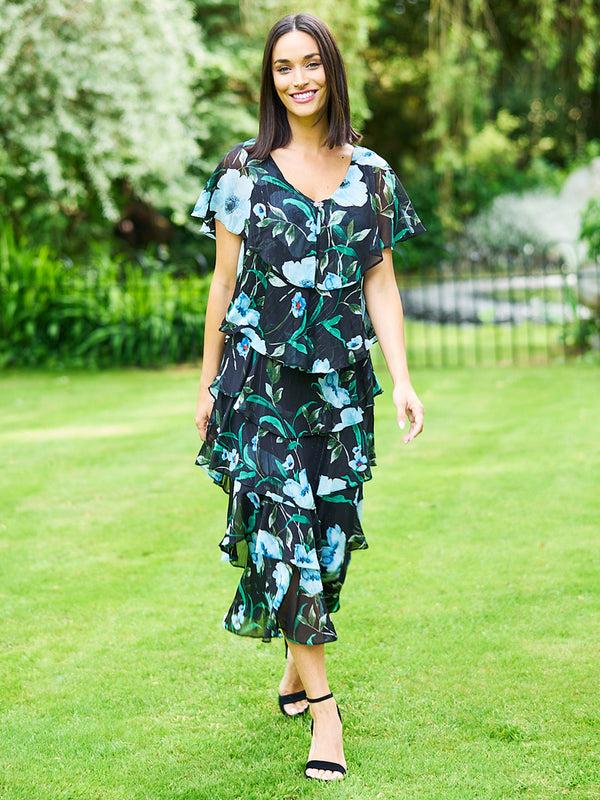 Gina Bacconi Frances Printed Midi Tiered Dress With Trim