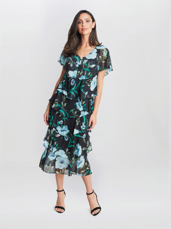 Gina Bacconi Frances Printed Midi Tiered Dress With Trim