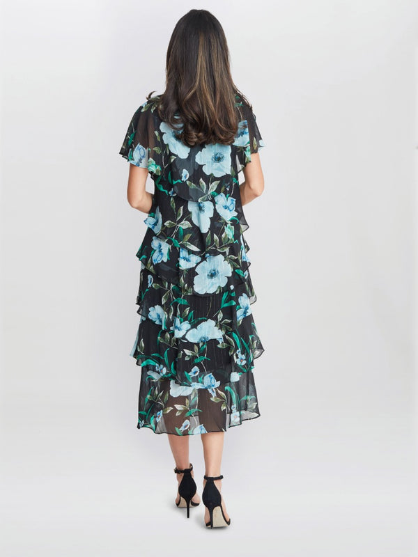Gina Bacconi Frances Printed Midi Tiered Dress With Trim