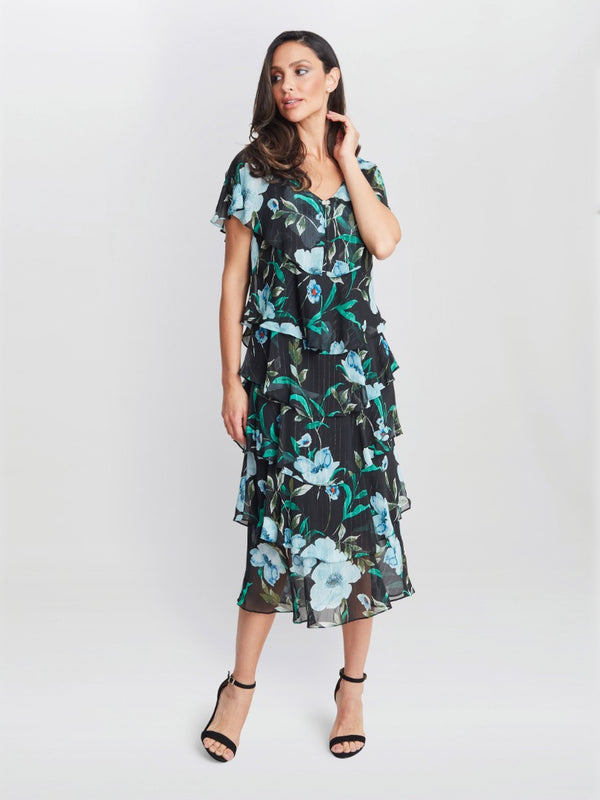 gina bacconi Frances printed midi tiered dress with trim