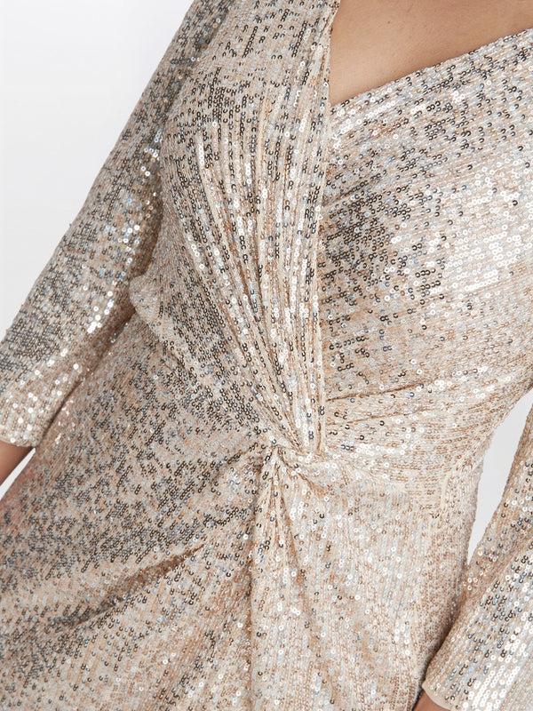 Gina Bacconi Amanda Knot Front Sequin Dress Gold