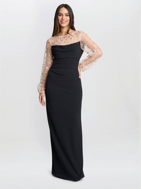 Gina Bacconi Arielle Embellished Mesh Sleeve Dress
