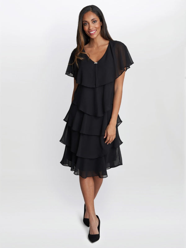 Gina Bacconi Bella Georgette Tiered Dress BLACK