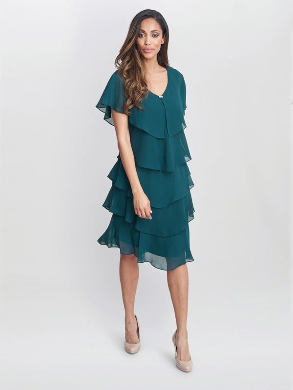 Gina Bacconi Bella Georgette Tiered Dress Green