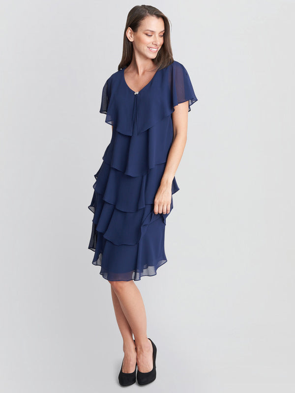 Gina Bacconi Bella Georgette Tiered Dress Navy