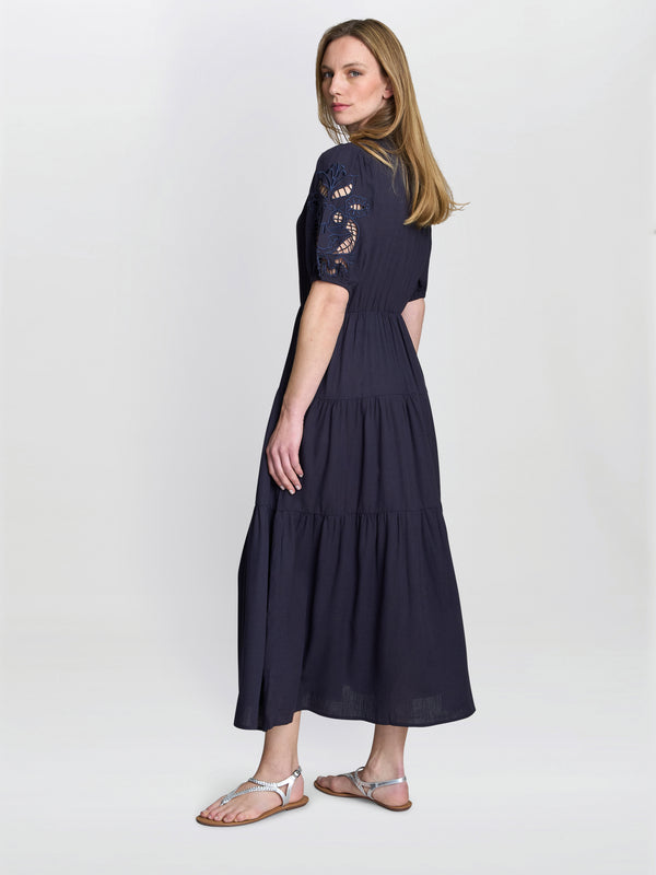 Gina Bacconi Carey Puff Sleeve Dress Navy