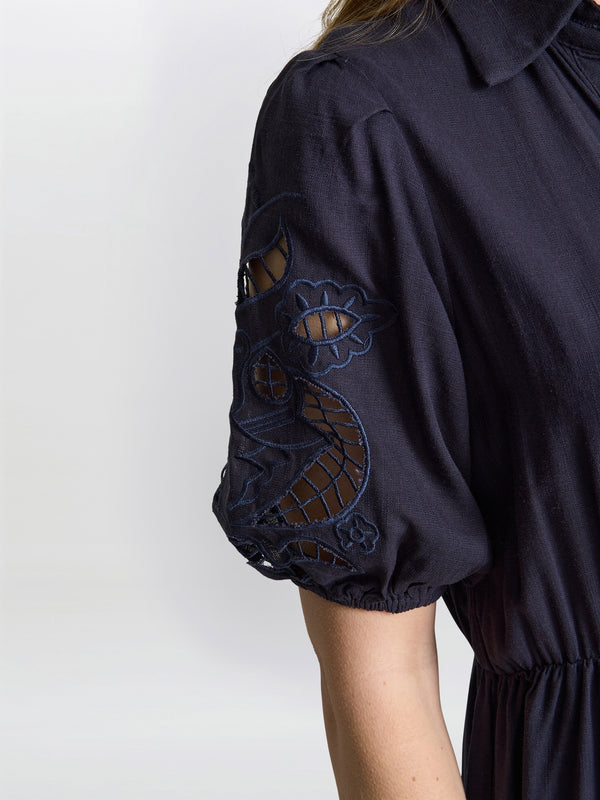 Gina Bacconi Carey Puff Sleeve Dress Navy