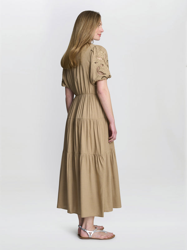 Gina Bacconi Carey Puff Sleeve Dress Tan