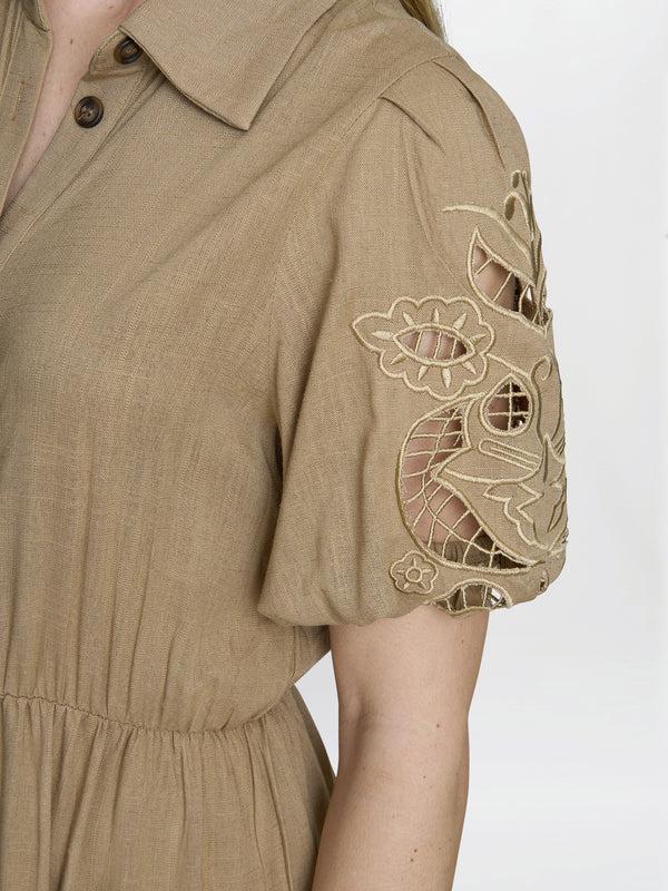 Gina Bacconi Carey Puff Sleeve Dress Tan