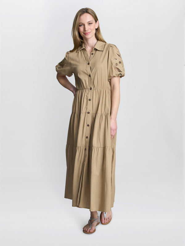 Gina Bacconi Carey Puff Sleeve Dress Tan