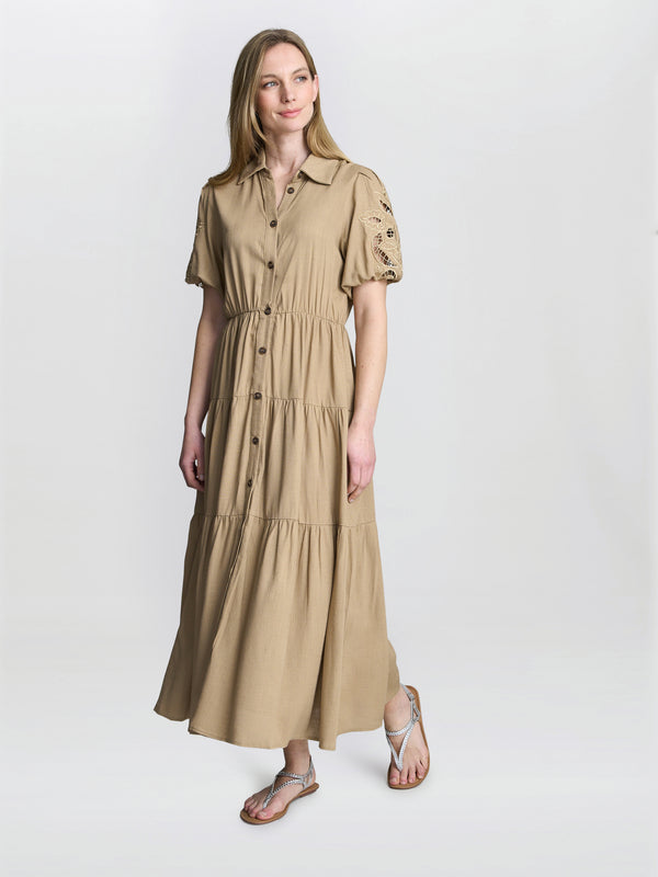 gina bacconi Carey puff sleeve dress Tan