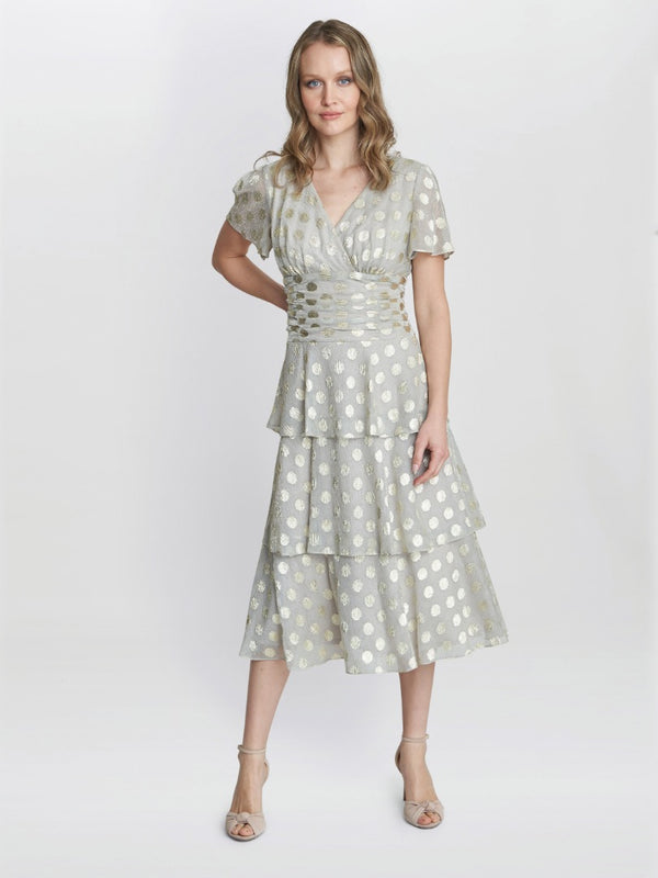 gina bacconi Cassie polka dot midi tier dress
