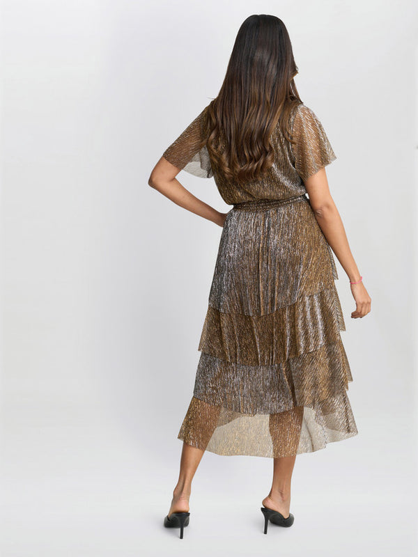 Gina Bacconi Cheri Metallic Knit Tiered Dress Gold