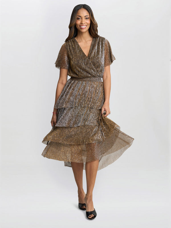 Gina Bacconi Cheri Metallic Knit Tiered Dress Gold