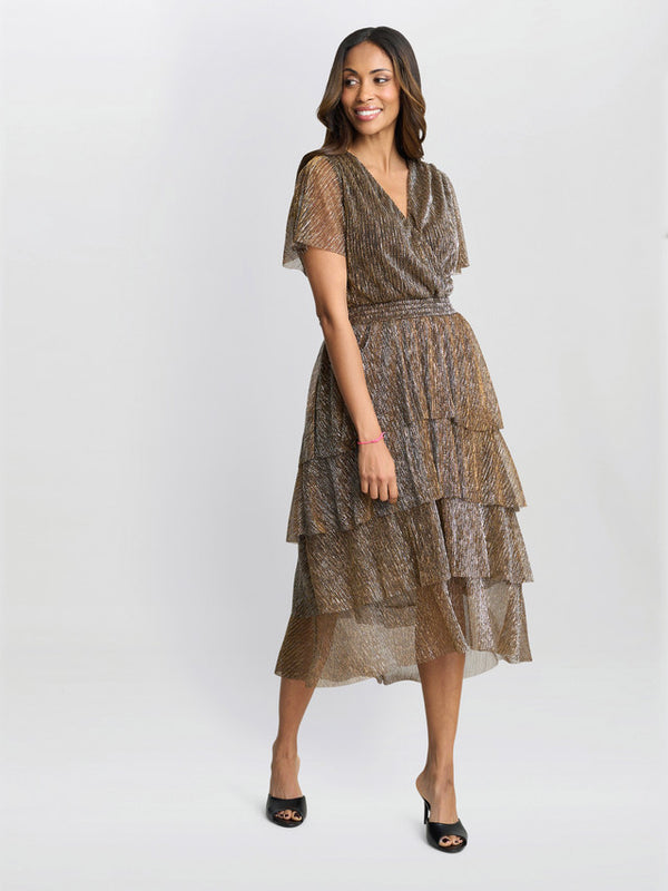 gina bacconi Cheri metallic knit tiered dress Gold
