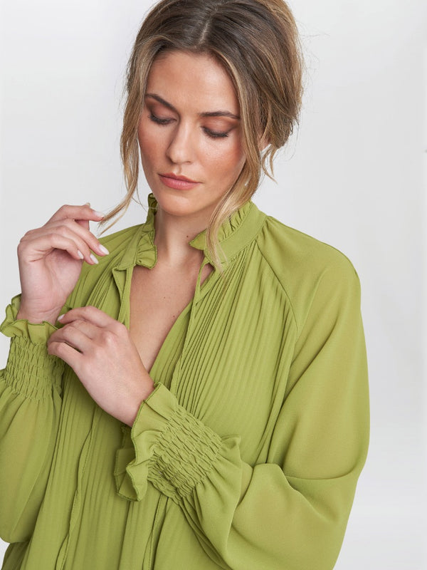 Gina Bacconi Delphine Pleat Frill Neck Blouse LIME