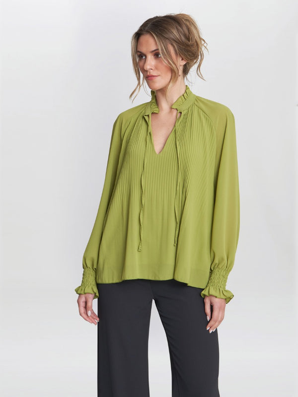 gina bacconi Delphine pleat frill neck blouse LIME