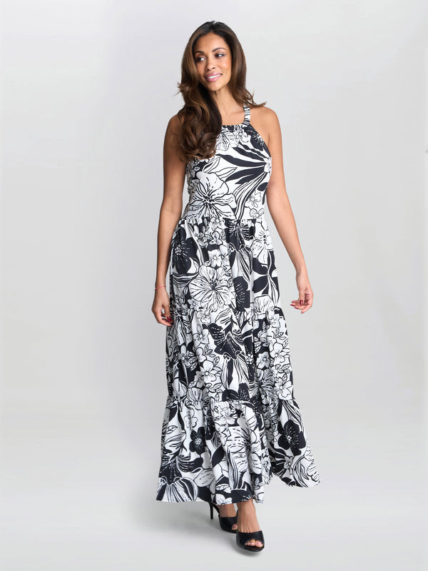 gina bacconi Dina halter crepe printed maxi dress