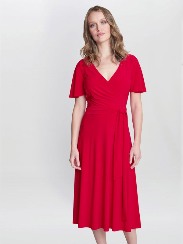 gina bacconi Donna jersey dress with tie belt RED
