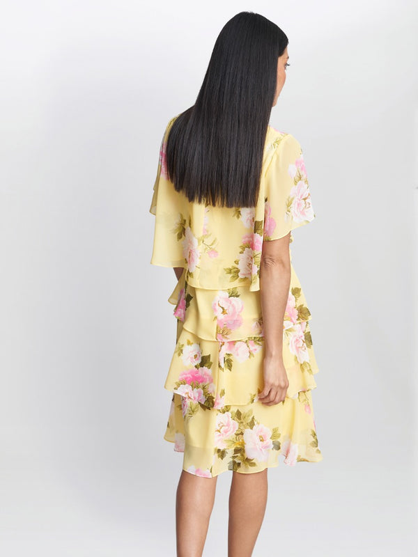 Gina Bacconi Edith Printed V Neck Tiered Dress
