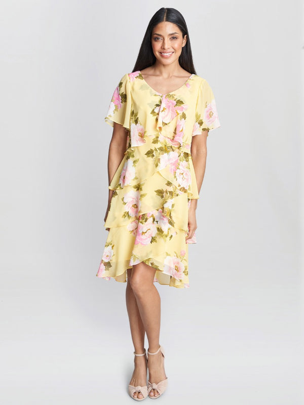 Gina Bacconi Edith Printed V Neck Tiered Dress