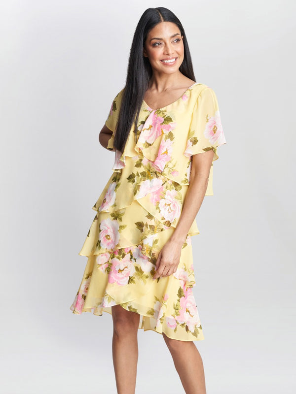 gina bacconi Edith printed v neck tiered dress