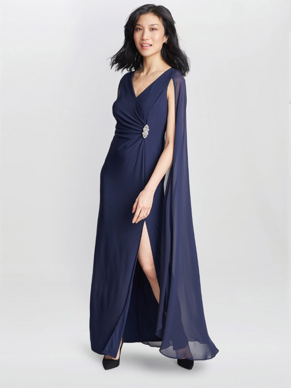 Gina Bacconi Elisa Chiffon Wrap Cape Maxi Dress